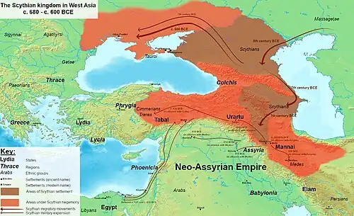 The maximum extent of the Scythian kingdom in West Asia and surrounding areas