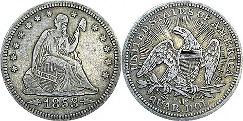 Liberty Seated quarter with arrows and rays, 1853