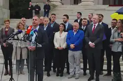 Representatives of the Serbia Against Violence coalition outside of the House of the National Assembly of Serbia on 3 November 2023