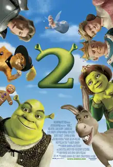 Various characters are lined around the border of the poster, with the film's green "2" logo stylized with Shrek's ears placed in the center; all atop a background containing a blue sky with scattered clouds.