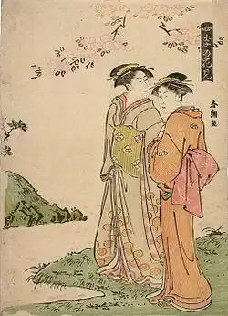 Woodblock print by Katsukawa Shunchō titled “Viewing Flowers in Four Seasons” (Shiki no hanami)