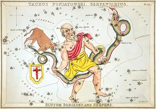 Ophiuchus holding the serpent, Serpens, as depicted in Urania's Mirror, a set of constellation cards published in London c.&nbsp;1825. Above the tail of the serpent is the now-obsolete constellation Taurus Poniatovii while below it is Scutum.