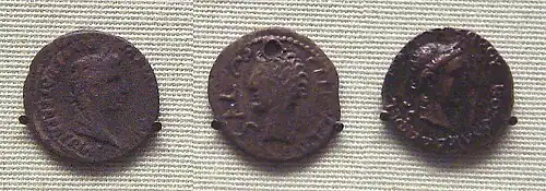 Left Silver denarius of Tiberius (14-37 CE) found in India. Center Indian copy of the same, 1st century CE. Right Coin of Kushan king Kujula Kadphises copying a coin of Augustus.