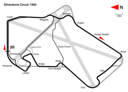 1994: Copse tightened; Maggotts and Becketts resurfaced; Stowe tightened with Vale straightened into tighter Club left apex; Abbey Chicane added; and Priory slower and moved closer to Bridge. Pit entry also rerouted more safely behind wall. Track length: 5.057&nbsp;km. Lap record: Damon Hill, Williams-Renault, 1:24.960 (1994 British Grand Prix).
