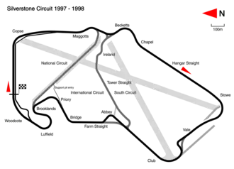 1997 to 1998: Major redesign to Copse, Priory, Brooklands and Luffield, resulting in a faster track. Classic circuit created with extra route at Club. Nearly all old track and runway close to the current circuit was dug up or demolished at this time. Track length: 5.140&nbsp;km. Lap record: Jacques Villeneuve, Williams-Renault, 1:21.598 (1997 British Grand Prix).