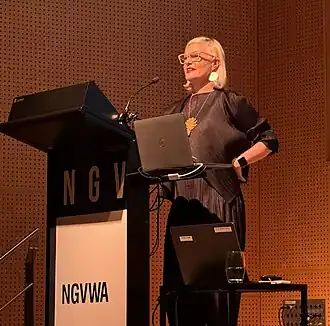Simone LeAmon delivering the opening address at the NGVWA Annual Lecture (National Gallery of Victoria Women's Association), NGV Melbourne, August 2024.