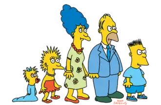 A cartoon drawing of a family, with a baby, two children, and two parents. They are dressed in casual and formal clothing, and have yellow skin.