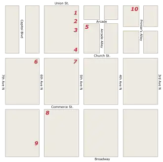 Map of downtown Nashville showing locations of 10 sit-in demonstrations. Five were located along 5th Avenue between Union and Church, others are within three blocks of 5th and Union.