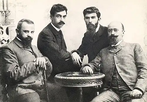 From left to right, Pencho Slaveykov, Peyo Yavorov, Petko Todorov, and Krastyo Krastev