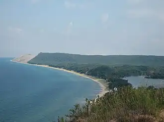 Lake Michigan (left), Sleeping Bear Dunes, and South Bar Lake (right) from Empire Bluffs