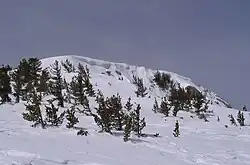 The summit of San Jacinto Peak covered by a cornice formed by wind-blown snow