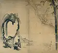 Shoki Ensnaring a Demon in a Spider Web (Ink on papered folding screen, photograph by Kimbell Art Museum)