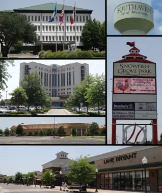 Clockwise from top: Southaven City Hall, Baptist Memorial Hospital-DeSoto, Landers Center, Southaven Towne Center, Snowden Grove Park, and the water tower in Southaven