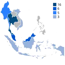Map shows the number of country which won the tournament by using colour indicator (1959–present).