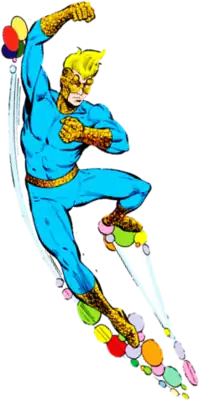 Speedball leaping in the air, surrounded by multi-colored orbs