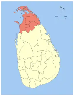 Map indicating the extent of Northern Province within Sri Lanka