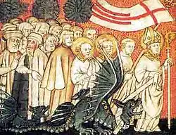 Saint Clément, first bishop of Metz, leads the Graoully on the banks of the Seille