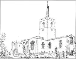 Stone church with a square tower topped by a slim spire