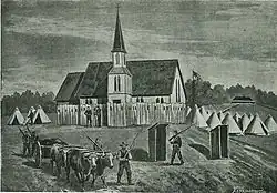 An illustration of St Bride's Church in 1863 showing the stockade and tents surrounding the church