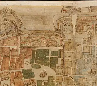 Location of the monastery in the city of Regensburg on a city map section from 1700 (Obermünster in the upper center of the picture, right monastery area)