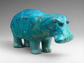 William the Faience Hippopotamus; 1961–1878&nbsp;BC; faience; 11.2 × 7.5&nbsp;cm; Metropolitan Museum of Art (New York City)