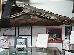 Photo of prow or stern of canoe slung from ceiling or wall above museum display of painted and printed artifacts