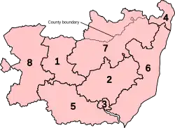 Numbered map of the parliamentary constituencies of Suffolk created by the 2023 boundary review and first used at the 2024 UK general election.