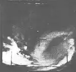 Super Typhoon Karen (Nov. 11, 1962). The eye of the storm is barely visible in the darker portion of the clouds.