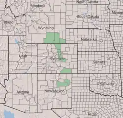 Symphyotrichum porteri native distribution map: US — Colorado counties: Boulder, Douglas, El Paso, Gilpin, Jefferson, Larimer, Las Animas, and Teller; New Mexico counties: Harding and San Miguel; Wyoming counties: Albany, Carbon, and Laramie