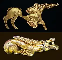 Image 44Scythian golden deer shield ornaments from the Iron Age 6th century BC found in Hungary. Above, the Golden Deer of Zöldhalompuszta is 37 cm, making it the largest Scythian golden deer known. Below, the Golden Deer of Tapiószentmárton. (from History of Hungary)