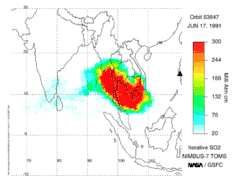 Image 30TOMS sulfur dioxide from the June 15, 1991 eruption of Mount Pinatubo. (from Timeline of volcanism on Earth)