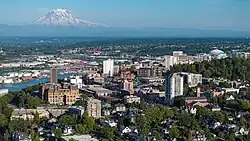 Aerial view of Downtown Tacoma with Mount Rainier in the background