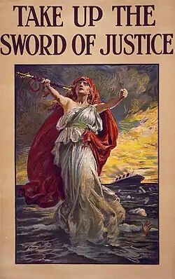 Take Up the Sword of Justice, a UK propaganda poster with Lusitania in the background