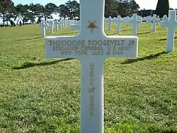 Theodore Roosevelt Jr.'s grave marker at the American World War II cemetery in Normandy. He lies buried next to his brother, Quentin, who was killed during World War I.
