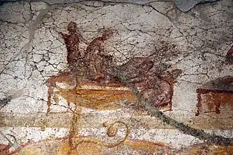 Cunnilingus, fellatio and anal sex between two females and two males. Wall painting. suburban baths, Pompeii. 62 to 79 CE