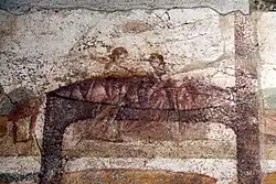 A lesbian sex scene on a wall painting from the suburban baths. Pompeii. 62 to 79 CE