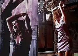 Comparison of two scenes from The Texas Chainsaw Massacre and The Return of the Texas Chainsaw Massacre, each showing a similar sequence in which a female victim is hung on a meathook