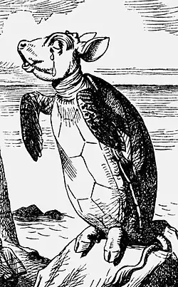 drawing of a creature with the body and front flippers of a turtle and the head and feet of a cow