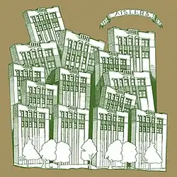 A line drawing of buildings