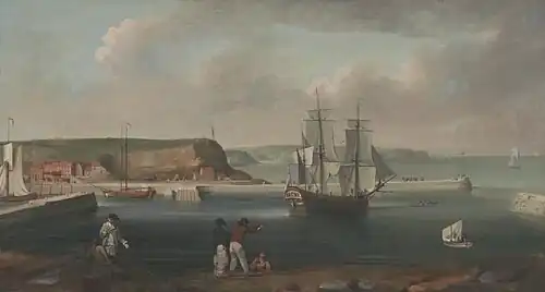 Endeavour (Captain Cook's ship) leaves Whitby harbor in 1768.
