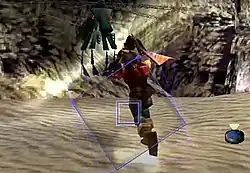 Dart, the protagonist of The Legend of Dragoon, attacks an enemy in his non-Dragoon form. Two blue squares are visible are shown as part of the quick time event.