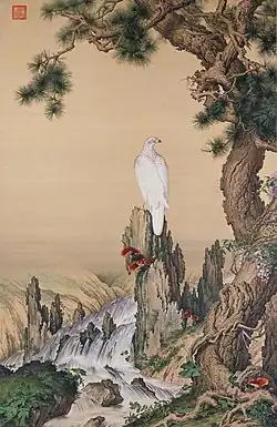 郎世宁嵩献英芝图轴 The Pine, Hawk and Glossy Ganoderma, 1724. Painted in honour of Yongzheng's birthday, [16]