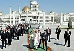 Narendra Modi being welcomed by the President of Turkmenistan Gurbanguly Berdimuhamedov at Independence Square in Oguzkhan Palace, Ashgabat, Turkmenistan, on July 11, 2015.