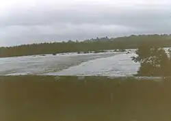 The River Liffey in flood in 1986 under Ballyward Bridge, Manor Kilbride during Hurricane Charley