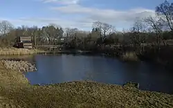 The main pond and bird hide at Foxglove Covert