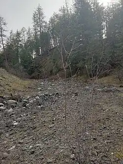 Coulee Creek at the confluence with Deep Creek. Note the absence of water flowing from the creek as well.