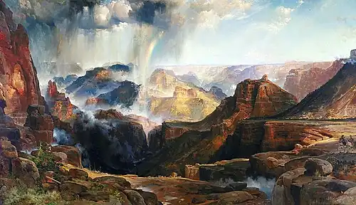 Dox Castle is centered in bullseye of this famous painting by Thomas Moran. "Chasm of the Colorado" (1873–74), a large canvas measuring 7 feet high by 12 feet wide, hung prominently in the US Capitol for over a half-century.