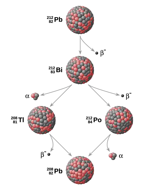 Diagram with compound balls representing nuclei and arrows.