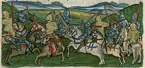 Chronica Hungarorum, Thuróczy chronicle, King Sigismund of Hungary, rebel lords, House of Horvat, campaign, battle, Hungary, fight, horses, armored soldiers, cavalry, medieval, Hungarian chronicle, book, illustration, history