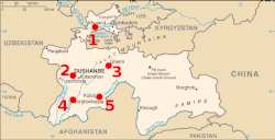 The most important cities involved in the conflict. 1) Khujand 2) Dushanbe 3) Gharm 4) Qurghonteppa 5) Kulob